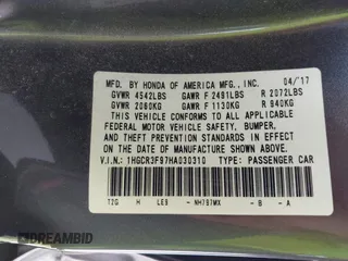 2017 Honda Accord Touring with VIN 1HGCR3F97HA030310, listed as a IAAI auction lot 42539852 with 64,849 mi miles and . Bid and sale history available at DreamBid. Image 9.