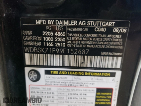2009 Mercedes-Benz SL 550 с VIN WDBSK71F99F152687, выставлен на аукционе Copart как лот 58904225 с пробегом 128 689 миль миль и Чистый • Clean title. История ставок и продаж доступна на DreamBid. Изображение 12.