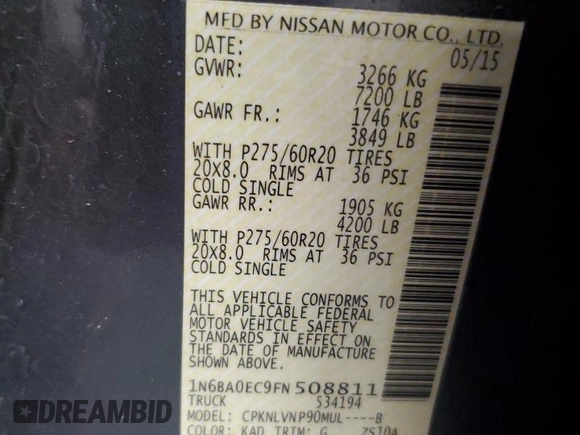 2015 Nissan Titan SL с VIN 1N6BA0EC9FN508811, выставлен на аукционе Copart как лот 45810395 с пробегом 117 333 миль миль и Списание • Salvage title. История ставок и продаж доступна на DreamBid. Изображение 14.