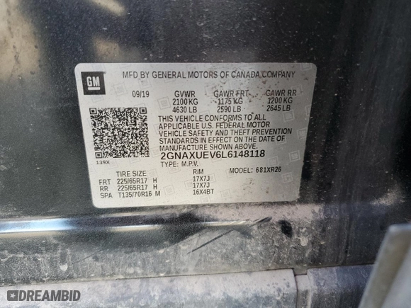 2020 Chevrolet Equinox LT with VIN 2GNAXUEV6L6148118, listed as a Copart auction lot 80988564 with 94,702 mi miles and Salvage Title. Bid and sale history available at carsss.com. Image 15.