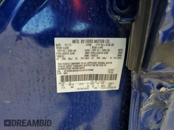 2013 Ford Explorer XLT z VIN 1FM5K8D8XDGC91548, wystawiony jako Copart lot #48989465 z przebiegiem 150 116 mil mil oraz Szkoda całkowita • Salvage title. Historia ofert i sprzedaży dostępna na DreamBid. Obrazek 13.