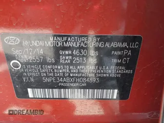 2015 Hyundai Sonata Sport with VIN 5NPE34ABXFH084893, listed as a IAAI auction lot 42066253 with 122,923 mi miles and . Bid and sale history available at carsss.com. Image 9.