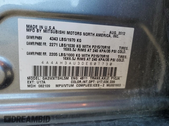 2013 Mitsubishi Outlander Sport ES with VIN 4A4AH3AU3DE601730, listed as a Copart auction lot 48780015 with 156,171 mi miles and Salvage title. Bid and sale history available at DreamBid. Image 12.