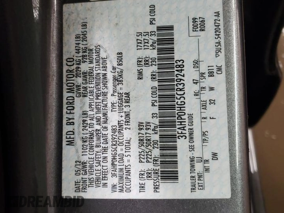 2012 Ford Fusion SE z VIN 3FAHP0HG5CR392483, wystawiony jako Copart lot #48069745 z przebiegiem 155 171 mil mil oraz Szkoda całkowita • Salvage title. Historia ofert i sprzedaży dostępna na DreamBid. Obrazek 12.
