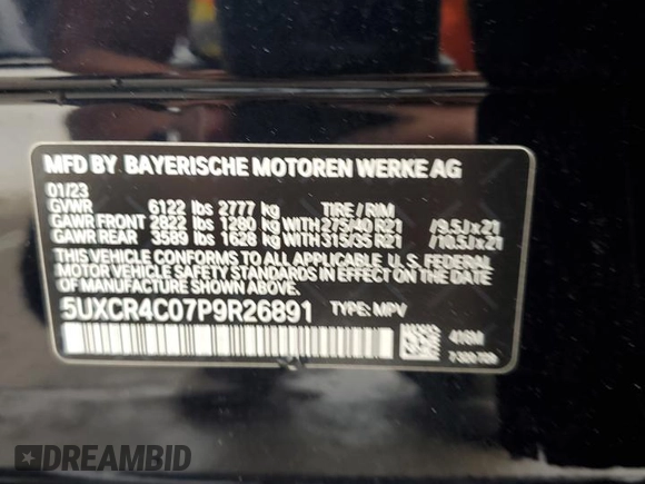 2023 BMW X5 sDrive40i with VIN 5UXCR4C07P9R26891, listed as a Copart auction lot 46105455 with 3,843 mi miles and Salvage Title. Bid and sale history available at carsss.com. Image 13.