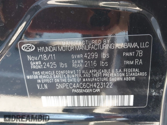 2012 Hyundai Sonata SE z VIN 5NPEC4AC6CH423122, wystawiony jako IAAI lot #41879178 z przebiegiem 64 681 mil mil oraz . Historia ofert i sprzedaży dostępna na DreamBid. Obrazek 9.