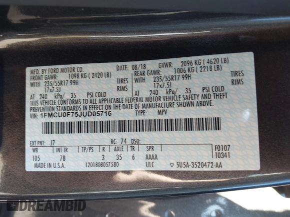2018 Ford Escape S with VIN 1FMCU0F75JUD05716, listed as a IAAI auction lot 42733113 with 69,469 mi miles and . Bid and sale history available at DreamBid. Image 9.
