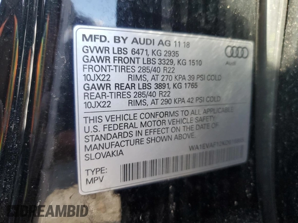 2019 Audi Q8 Premium Plus with VIN WA1EVAF12KD016865, listed as a Copart auction lot 78934524 with 60,999 mi miles and Salvage Title. Bid and sale history available at carsss.com. Image 13.