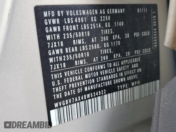 2011 Volkswagen Tiguan SEL z VIN WVGBV7AX4BW534922, wystawiony jako Copart lot #60486775 z przebiegiem Nie podano mil oraz Czysty tytuł • Clean title. Historia ofert i sprzedaży dostępna na DreamBid. Obrazek 13.