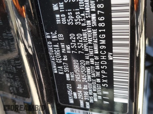 2021 Kia Telluride SX with VIN 5XYP5DHC9MG186787, listed as a Copart auction lot 64638815 with 10,885 mi miles and Salvage title. Bid and sale history available at DreamBid. Image 13.
