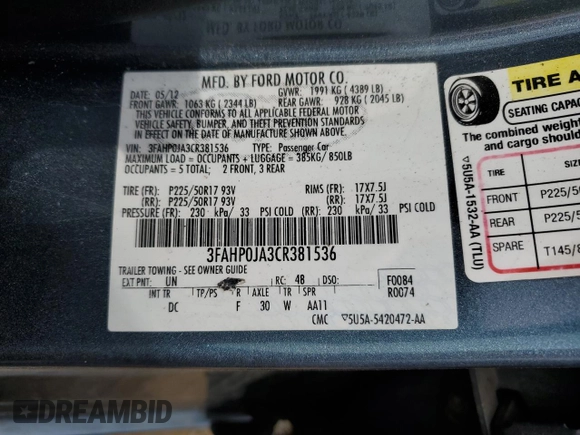 2012 Ford Fusion SEL z VIN 3FAHP0JA3CR381536, wystawiony jako Copart lot #51550325 z przebiegiem 222 950 mil mil oraz Szkoda całkowita • Salvage title. Historia ofert i sprzedaży dostępna na DreamBid. Obrazek 15.