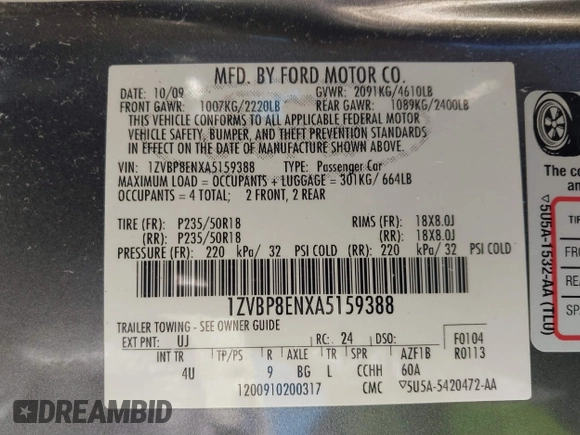 2010 Ford Mustang V6 с VIN 1ZVBP8ENXA5159388, выставлен на аукционе IAAI как лот 41433762 с пробегом 59 546 миль миль и . История ставок и продаж доступна на DreamBid. Изображение 9.