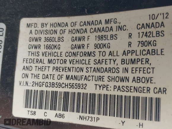 2012 Honda Civic Cpe LX with VIN 2HGFG3B59CH565932, listed as a IAAI auction lot 41949011 with 213,786 mi miles. Bid and sale history available at carsss.com. Image 9.