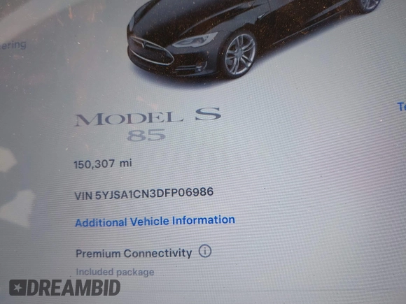 2013 Tesla Model S with VIN 5YJSA1CN3DFP06986, listed as a IAAI auction lot 41271801 with 150,307 mi miles and . Bid and sale history available at DreamBid. Image 15.