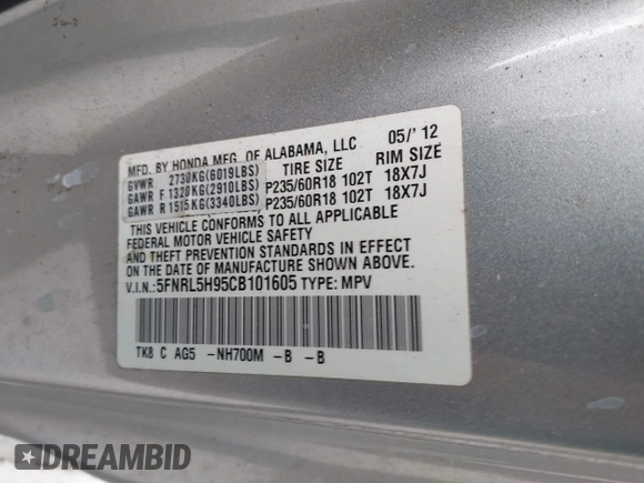 2012 Honda Odyssey Touring with VIN 5FNRL5H95CB101605, listed as a IAAI auction lot 42025163 with 286,421 mi miles. Bid and sale history available at carsss.com. Image 9.