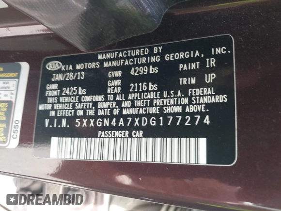 2013 Kia Optima EX with VIN 5XXGN4A7XDG177274, listed as a IAAI auction lot 42759090 with 164,212 mi miles and . Bid and sale history available at DreamBid. Image 9.
