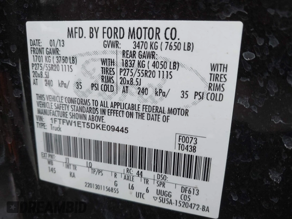 2013 Ford F-150 XL with VIN 1FTFW1ET5DKE09445, listed as a IAAI auction lot 41443231 with 88,904 mi miles and . Bid and sale history available at DreamBid. Image 9.