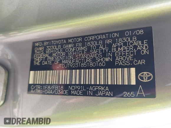 2008 Toyota Yaris with VIN JTDJT923185180160, listed as a IAAI auction lot 42169896 with 340,931 mi miles. Bid and sale history available at carsss.com. Image 9.