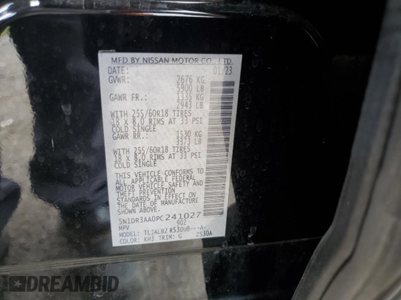 2023 Nissan Pathfinder S with VIN 5N1DR3AA0PC241027, listed as a Copart auction lot 50705045 with 44,829 mi miles and Salvage title. Bid and sale history available at DreamBid. Image 16.