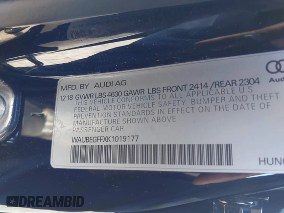 2019 Audi A3 Sedan Premium with VIN WAUBEGFFXK1019177, listed as a IAAI auction lot 41556134 with 98,741 mi miles. Bid and sale history available at carsss.com. Image 9.