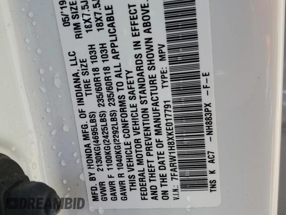 2019 Honda CR-V EX-L with VIN 7FARW1H8XKE017791, listed as a Copart auction lot 62668042 with 0 mi miles. Bid and sale history available at carsss.com. Image 10.