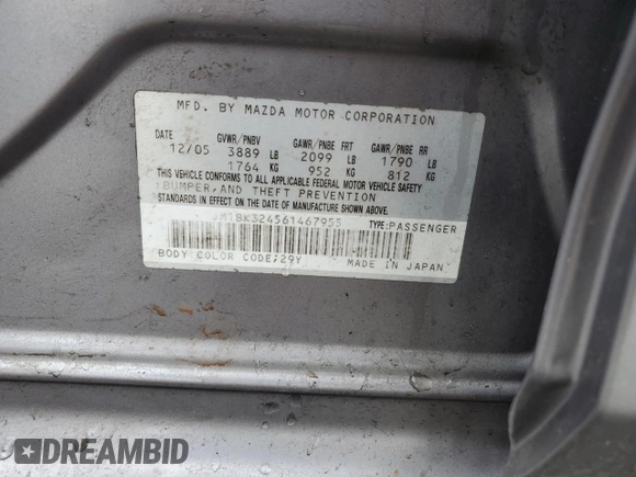 2006 Mazda 3 s with VIN JM1BK324561467955, listed as a Copart auction lot 55207355 with 99,601 mi miles and Salvage Title. Bid and sale history available at DreamBid. Image 12.
