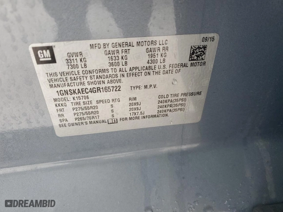 2016 Chevrolet Tahoe LS with VIN 1GNSKAEC4GR165722, listed as a Copart auction lot 46462745 with 124,364 mi miles and Salvage Title. Bid and sale history available at carsss.com. Image 14.