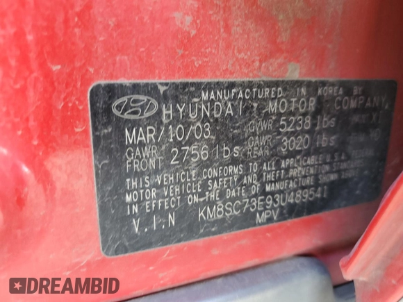 2003 Hyundai Santa Fe LX with VIN KM8SC73E93U489541, listed as a Copart auction lot 51122045 with 164,814 mi miles and Salvage Title. Bid and sale history available at carsss.com. Image 15.
