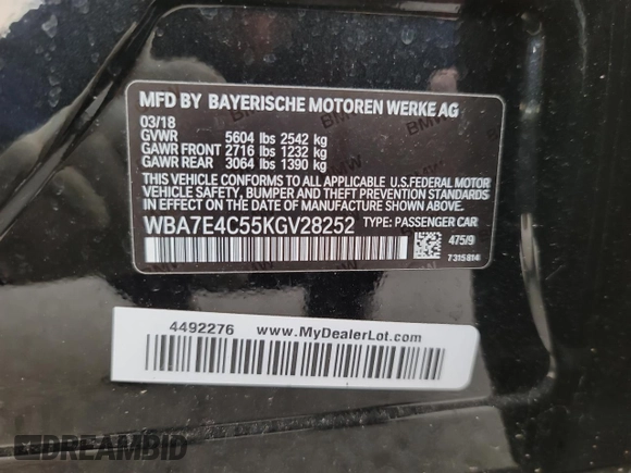 2019 BMW 7 Series 740i xDrive with VIN WBA7E4C55KGV28252, listed as a Copart auction lot 50657795 with 60,789 mi miles and Salvage title. Bid and sale history available at DreamBid. Image 10.