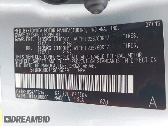 2015 Toyota Sienna LE AAS with VIN 5TDKK3DC4FS636029, listed as a IAAI auction lot 42552045 with 82,293 mi miles and . Bid and sale history available at DreamBid. Image 9.