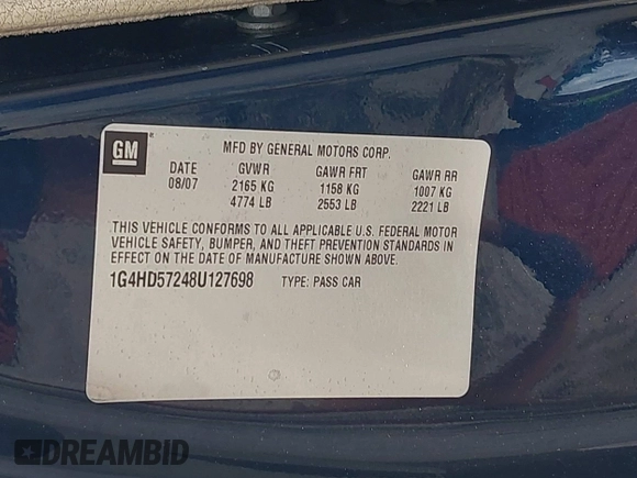 2008 Buick Lucerne CXL with VIN 1G4HD57248U127698, listed as a IAAI auction lot 42029470 with Not Provided miles and . Bid and sale history available at DreamBid. Image 9.