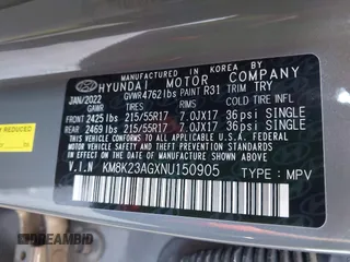 2022 Hyundai Kona SE с VIN KM8K23AGXNU150905, выставлен на аукционе IAAI как лот 42478689 с пробегом 16 327 миль миль и . История ставок и продаж доступна на DreamBid. Изображение 9.