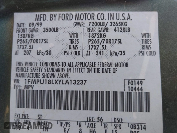 2000 Ford Expedition Eddie Bauer with VIN 1FMPU18LXYLA13237, listed as a IAAI auction lot 42127324 with Not provided miles and . Bid and sale history available at DreamBid. Image 9.