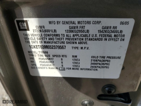 2005 GMC Envoy Denali with VIN 1GKET63M652379567, listed as a Copart auction lot 77862334 with 246,345 mi miles and Non Repairable. Bid and sale history available at carsss.com. Image 13.