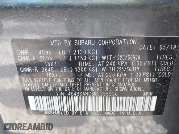 2019 Subaru Outback Limited with VIN 4S4BSANC8K3355930, listed as a IAAI auction lot 42103158 with 79,582 mi miles and . Bid and sale history available at DreamBid. Image 9.
