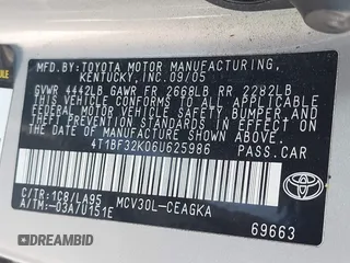2006 Toyota Camry LE z VIN 4T1BF32K06U625986, wystawiony jako IAAI lot #42087979 z przebiegiem 202 550 mil mil oraz . Historia ofert i sprzedaży dostępna na DreamBid. Obrazek 9.