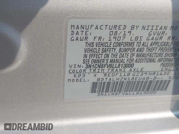 2020 Nissan Versa SR with VIN 3N1CN8FV6LL813000, listed as a IAAI auction lot 42480922 with 103,722 mi miles and . Bid and sale history available at DreamBid. Image 9.