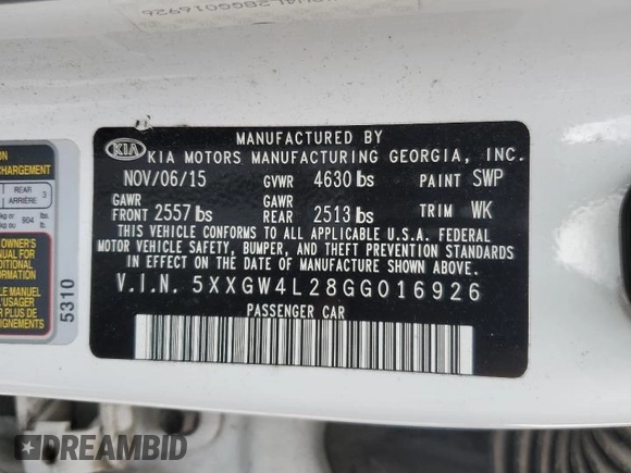 2016 Kia Optima SX Turbo with VIN 5XXGW4L28GG016926, listed as a Copart auction lot 51582135 with 69,646 mi miles and Salvage Title. Bid and sale history available at carsss.com. Image 12.