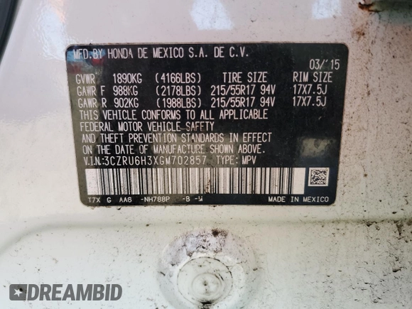 2016 Honda HR-V LX with VIN 3CZRU6H3XGM702857, listed as a Copart auction lot 49656145 with 182,124 mi miles and Salvage Title. Bid and sale history available at carsss.com. Image 13.