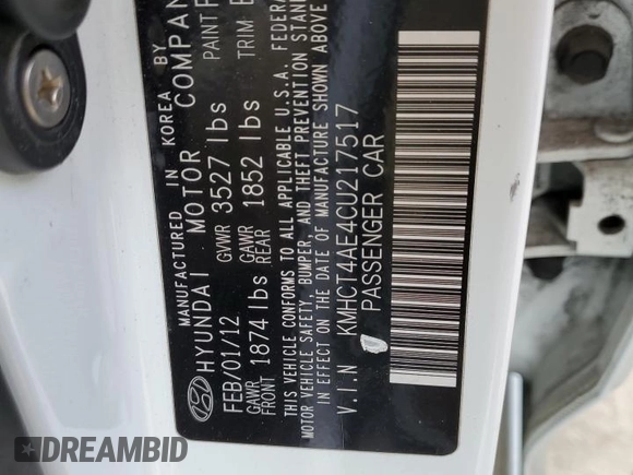 2012 Hyundai Accent GLS z VIN KMHCT4AE4CU217517, wystawiony jako Copart lot #56701165 z przebiegiem 174 463 mil mil oraz Szkody całkowita. Historia ofert i sprzedaży dostępna na DreamBid. Obrazek 12.