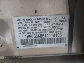 2001 Honda Accord EX z VIN 1HGCG66861A114106, wystawiony jako IAAI lot #42385834 z przebiegiem 172 395 mil mil oraz . Historia ofert i sprzedaży dostępna na DreamBid. Obrazek 9.
