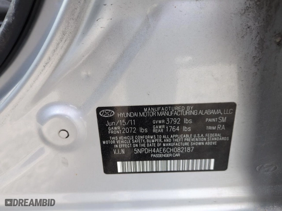 2012 Hyundai Elantra GLS PZEV with VIN 5NPDH4AE6CH082187, listed as a Copart auction lot 50733205 with 124,521 mi miles and Salvage Title. Bid and sale history available at carsss.com. Image 12.