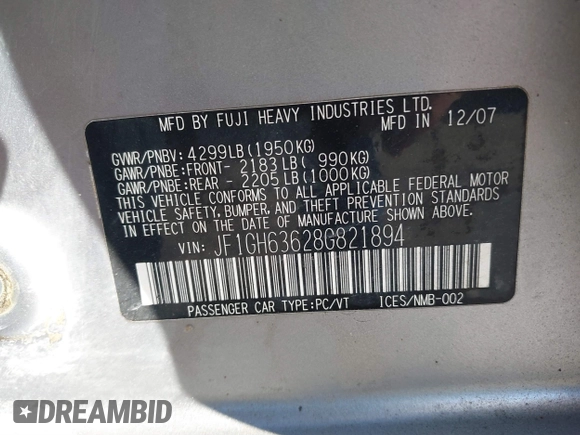 2008 Subaru Impreza Outback Special Sports with VIN JF1GH63628G821894, listed as a IAAI auction lot 41442938 with 166,182 mi miles and . Bid and sale history available at DreamBid. Image 9.