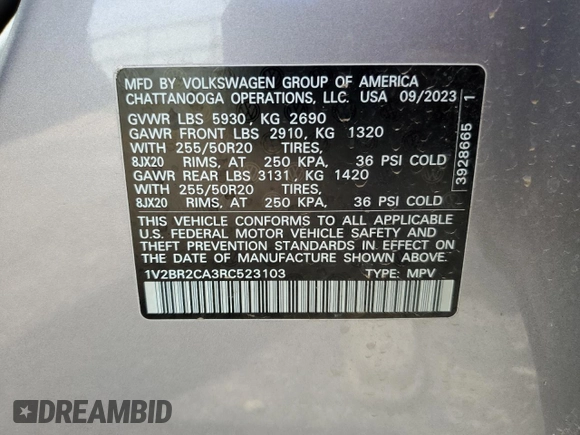 2024 Volkswagen Atlas SEL with VIN 1V2BR2CA3RC523103, listed as a Copart auction lot 55821865 with 47,893 mi miles and Salvage title. Bid and sale history available at DreamBid. Image 14.