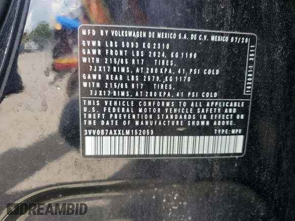 2020 Volkswagen Tiguan S с VIN 3VV0B7AXXLM152059, выставлен на аукционе Copart как лот 65283115 с пробегом 39 439 миль миль и Списание • Salvage title. История ставок и продаж доступна на DreamBid. Изображение 13.