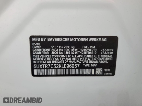2019 BMW X3 sDrive30i z VIN 5UXTR7C52KLE96957, wystawiony jako Copart lot #54791915 z przebiegiem 114 833 mil mil oraz Szkoda całkowita • Salvage title. Historia ofert i sprzedaży dostępna na DreamBid. Obrazek 14.