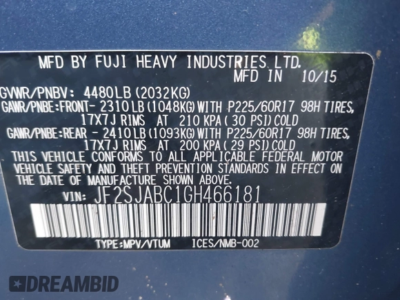 2016 Subaru Forester 2.5i with VIN JF2SJABC1GH466181, listed as a IAAI auction lot 42092643 with 108,779 mi miles. Bid and sale history available at carsss.com. Image 9.
