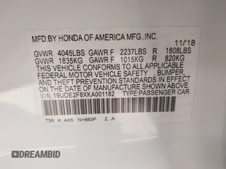 2019 Acura ILX Premium with VIN 19UDE2F8XKA001182, listed as a IAAI auction lot 41506995 with 72,877 mi miles and . Bid and sale history available at DreamBid. Image 9.