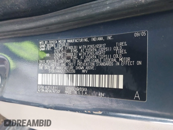 2006 Toyota Sequoia SR5 with VIN 5TDBT44A26S260206, listed as a IAAI auction lot 41658833 with 206,578 mi miles and . Bid and sale history available at DreamBid. Image 9.