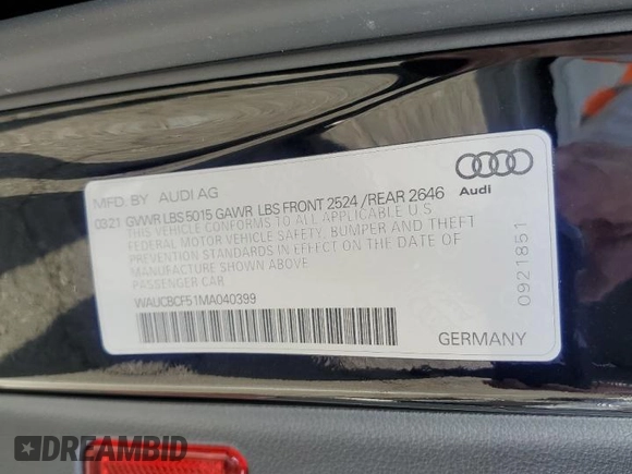 2021 Audi A5 Sportback Premium Plus z VIN WAUCBCF51MA040399, wystawiony jako Copart lot #80821984 z przebiegiem 25 779 mil mil oraz Szkoda całkowita • Salvage title. Historia ofert i sprzedaży dostępna na DreamBid. Obrazek 12.